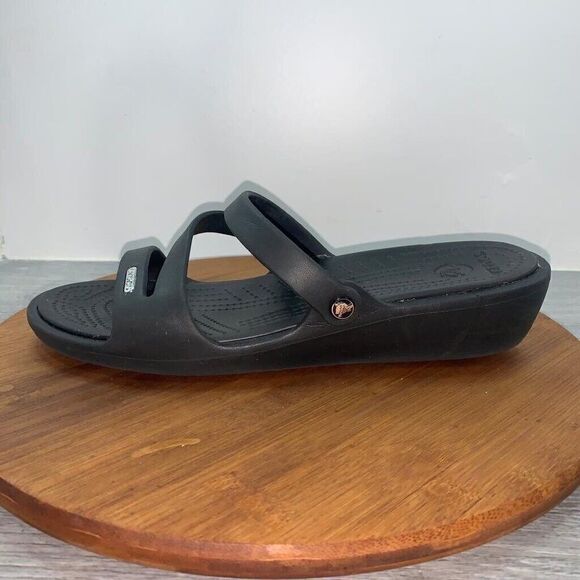 Crocs Patricia Low Wedge Women's Black Slide Sandals Size 11 Comfort Slip On - Picture 1 of 12